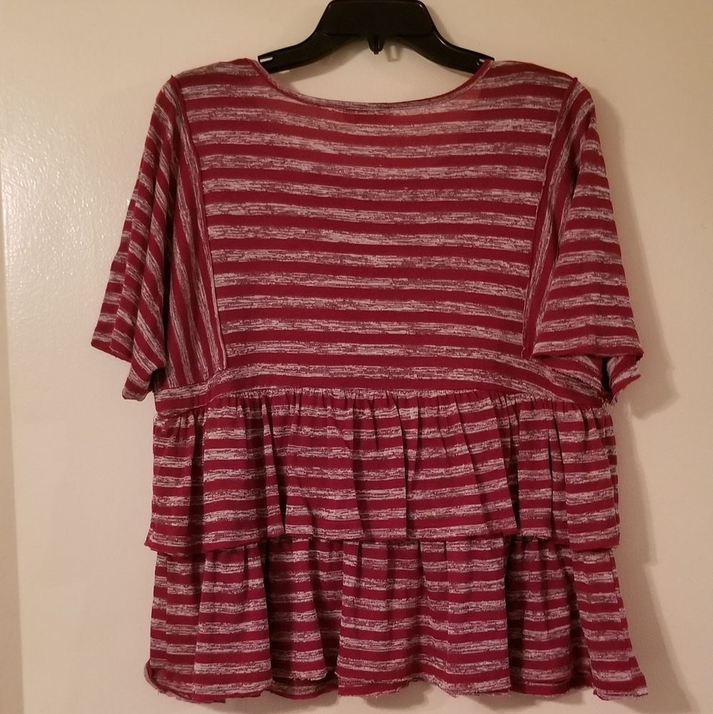 Umgee Heather Gray and Red Striped Ruffle Top - Picture 2 of 10